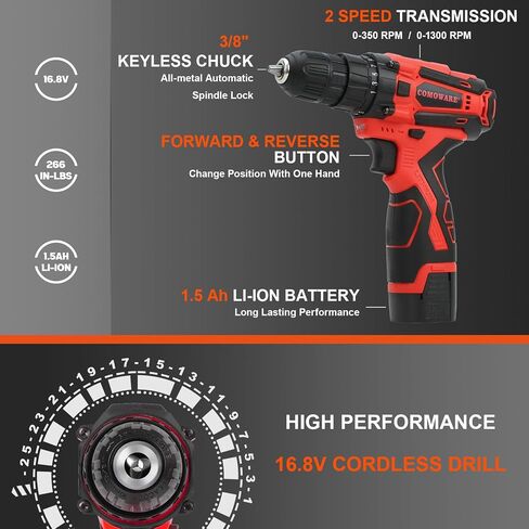 COMOWARE 16.8V Cordless Drill Tool Kit, 153Pcs Drill Set Combo Kit Tool Box with Battery for Home Repair Basic Houshold Handwork in Saudi Arabia