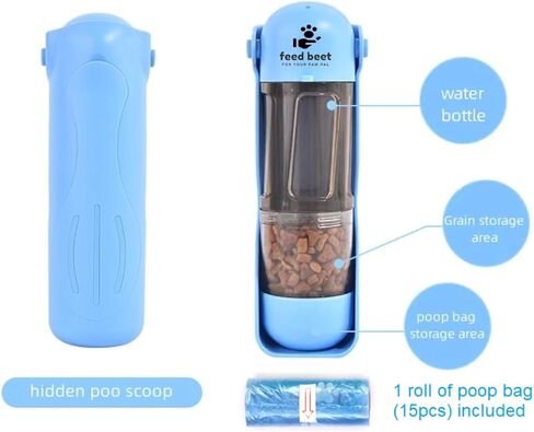 FeedBeet Dog Puppy Portable Water Bottle - Leak Proof Light Outdoor Hiking Walking Water Treats Drinking Bowl Dispenser with 1 Roll Poop Bag Poo Scoop - Pet Accessories (16.9oz, Blue) in Saudi Arabia
