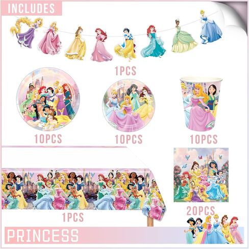 Princess Birthday Party Supplies, Princess Party Decorations include Princess Tableware, Tablecloth ,Banner for Girls Princess Party Gift, Princess Birthday Supplies for Party in Kuwait