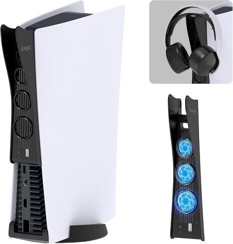 مروحة تبريد نحيفة 2 في 1 من FYOUNG مع حامل شماعات للرأس متوافق مع الإصدار الرقمي من Playstation 5 ووحدة تحكم فائقة الدقة، ومروحة تبريد لنظام التبريد لجهاز PS5 مع 3 مراوح تبريد ومنفذ USB إضافي in Kuwait