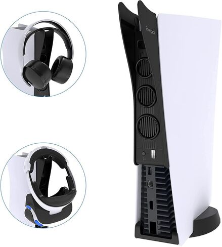 مروحة تبريد نحيفة 2 في 1 من FYOUNG مع حامل شماعات للرأس متوافق مع الإصدار الرقمي من Playstation 5 ووحدة تحكم فائقة الدقة، ومروحة تبريد لنظام التبريد لجهاز PS5 مع 3 مراوح تبريد ومنفذ USB إضافي in Kuwait