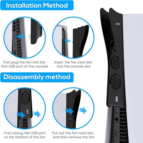 مروحة تبريد نحيفة 2 في 1 من FYOUNG مع حامل شماعات للرأس متوافق مع الإصدار الرقمي من Playstation 5 ووحدة تحكم فائقة الدقة، ومروحة تبريد لنظام التبريد لجهاز PS5 مع 3 مراوح تبريد ومنفذ USB إضافي in Kuwait