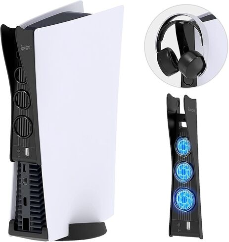 مروحة تبريد نحيفة 2 في 1 من FYOUNG مع حامل شماعات للرأس متوافق مع الإصدار الرقمي من Playstation 5 ووحدة تحكم فائقة الدقة، ومروحة تبريد لنظام التبريد لجهاز PS5 مع 3 مراوح تبريد ومنفذ USB إضافي in Kuwait