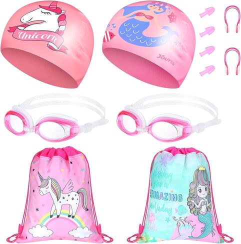 12 قطعة من قبعات السباحة ونظارات السباحة للأطفال، حقيبة تخزين مع سدادة الأذن ومشبك الأنف، قبعة سباحة من السيليكون المقاومة للماء بتصميم وحيد القرن الكرتوني للفتيات والأولاد الصغار (عمر 3-12 سنة) شعر طويل وقصير in Kuwait