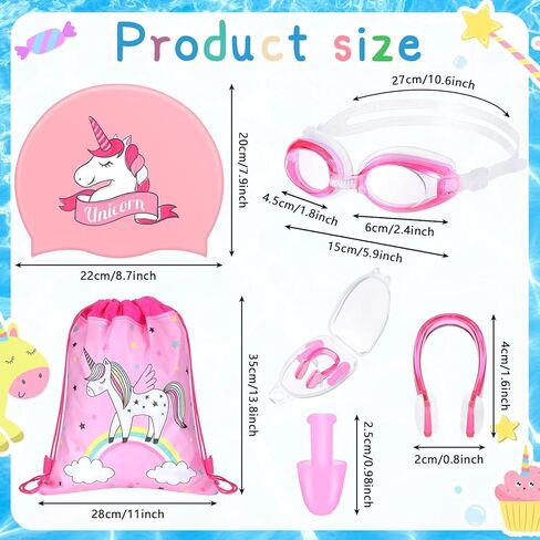 12 قطعة من قبعات السباحة ونظارات السباحة للأطفال، حقيبة تخزين مع سدادة الأذن ومشبك الأنف، قبعة سباحة من السيليكون المقاومة للماء بتصميم وحيد القرن الكرتوني للفتيات والأولاد الصغار (عمر 3-12 سنة) شعر طويل وقصير in Kuwait