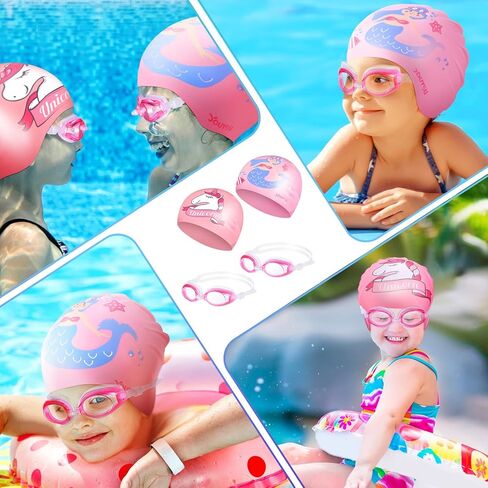 12 قطعة من قبعات السباحة ونظارات السباحة للأطفال، حقيبة تخزين مع سدادة الأذن ومشبك الأنف، قبعة سباحة من السيليكون المقاومة للماء بتصميم وحيد القرن الكرتوني للفتيات والأولاد الصغار (عمر 3-12 سنة) شعر طويل وقصير in Kuwait