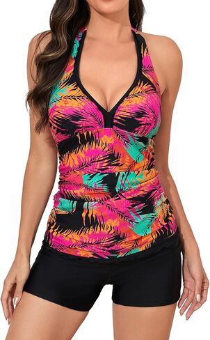 FLOMERIA Tankini Swimsuits for Women Halter Tummy Control Two Piece Bathing Suit with Boy Shorts V Neck Swimwear in Saudi Arabia