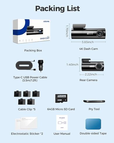 AZDOME 4K Dash Cam 5G WiFi GPS، WDR Super Night Vision Camera للسيارة، مستشعر G، وضع وقوف السيارات، بطاقة SD مجانية 64 جيجابايت، كاميرا Dashcam بزاوية واسعة 170 درجة، تسجيل حلقة، التحكم الصوتي M300S in Kuwait