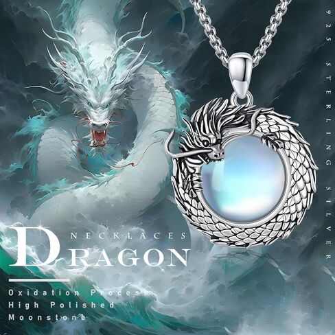 CUOKA MIRACLE Dragon Necklace,Loong Pendant Necklace 925 Sterling Silver Dragon Necklace Moonstone 3D Dragon Jewelry Loong Gift for Men Women Boys Girls in Saudi Arabia