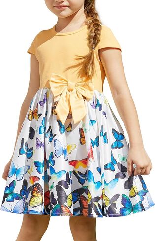 فستان للفتيات من PATPAT بأكمام قصيرة وعقدة على شكل فيونكة للأميرة للأطفال الصغار والفتاة الكبيرة ووحيد القرن والحفلات ذات الأزهار فساتين كاجوال in Kuwait