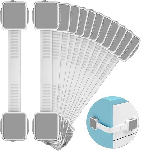 12 Pack Baby Proofing Safety Locks for Cabinet Drawer Fridge Oven Dishwasher Doors, Toilet Seat & Lid, Adjustable Furniture Latches and Straps, 3M Adhesive No Drilling and Button Unlock Design in Saudi Arabia