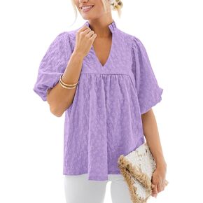 Mascomoda Womens Summer Tops 2025 Ruffle v Neck Blouses Lourd Soure Short Sleeve Jacquard Babydoll Tops Tops Disual Dary Thirts in Kuwait
