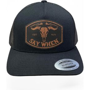 قبعة Say When Trucker - سوداء YP Snapback مع رقعة جلدية من الجلد الخام - قبعة سائقي الشاحنات الغربية - سوداء مع رقعة من الجلد الخام in Kuwait