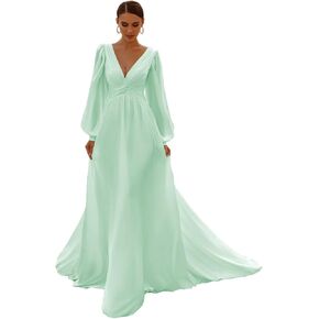Long Sleeve Bridesmaid Dresses for Women Ruched Chiffon Formal Evening Party Gowns in Kuwait