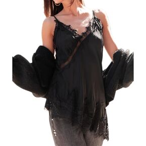 Women Satin Lace Cami Top Y2k Silky Lace Trim Patchwork Spaghetti Strap LowCut Asymmetrical Camisole Sexy Slip Dress in Kuwait