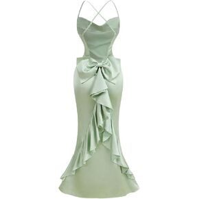 Floerns Women's Satin Bow Cocktail Maxi Dress Cowl Neck Ruffle Trim Wedding Guest Dresses in Kuwait