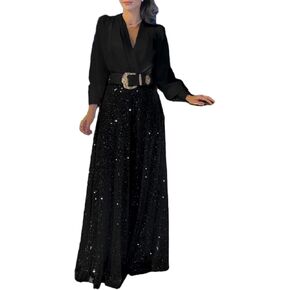 Elegant V-Neck Long Sleeve Shirt Leg Sequined Pants with Belt,Women's 2024 Fall Long Sleeve Wide Leg Jumpsuits in Saudi Arabia