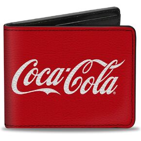 محفظة شركة Coca-Cola بإبزيم للأسفل، ثنائية الطي، شعار Coca Cola Coke Script تكرار أحمر وأبيض، جلد نباتي in Saudi Arabia