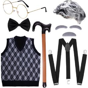 7 PCS Adult 100 Days of School Men Costume, 100 Days of School Man Costume for Halloween Grandpa Costume 1920s Old Man Dress Up Outfit Accessories in Kuwait