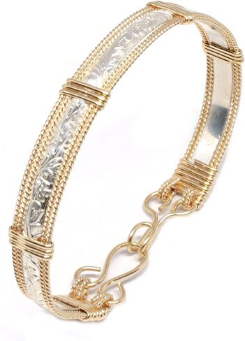 Narrow Sterling Silver and 14k Gold Fill Bracelet Women, 925 Silver Bangle Floral Pattern in Saudi Arabia