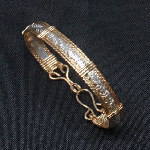 Narrow Sterling Silver and 14k Gold Fill Bracelet Women, 925 Silver Bangle Floral Pattern in Saudi Arabia