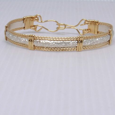 Narrow Sterling Silver and 14k Gold Fill Bracelet Women, 925 Silver Bangle Floral Pattern in Saudi Arabia