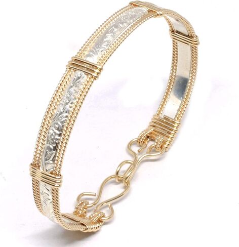 Narrow Sterling Silver and 14k Gold Fill Bracelet Women, 925 Silver Bangle Floral Pattern in Saudi Arabia