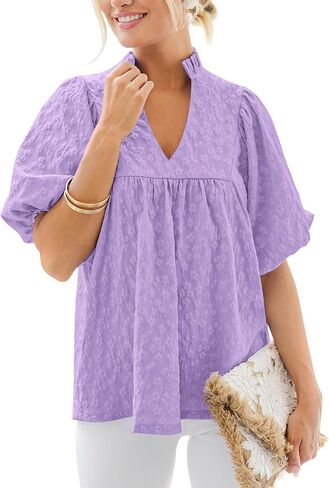 Mascomoda Womens Summer Tops 2025 Ruffle v Neck Blouses Lourd Soure Short Sleeve Jacquard Babydoll Tops Tops Disual Dary Thirts in Saudi Arabia