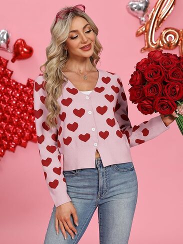سترات صوفية للنساء برقبة على شكل حرف V مطرزة على شكل قلب وأكمام طويلة وأزرار سفلية وسترات قصيرة محبوكة مريحة in Kuwait