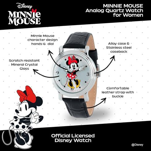 Disney Minnie Watch - Watch for Women - Minnie Mouse Watches for Women Toys - 90s Mouse - Vintage - Clock Hands - Silver Case - Brown Leather Strap in Saudi Arabia