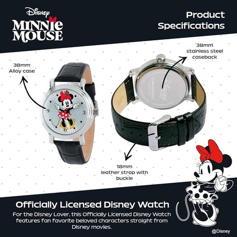 Disney Minnie Watch - Watch for Women - Minnie Mouse Watches for Women Toys - 90s Mouse - Vintage - Clock Hands - Silver Case - Brown Leather Strap in Saudi Arabia