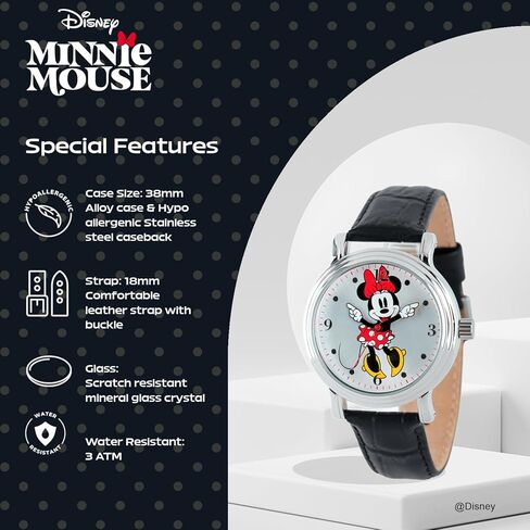 Disney Minnie Watch - Watch for Women - Minnie Mouse Watches for Women Toys - 90s Mouse - Vintage - Clock Hands - Silver Case - Brown Leather Strap in Saudi Arabia