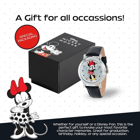 Disney Minnie Watch - Watch for Women - Minnie Mouse Watches for Women Toys - 90s Mouse - Vintage - Clock Hands - Silver Case - Brown Leather Strap in Saudi Arabia