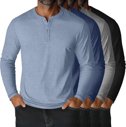 عبوة من 4 تي شيرتات رجالي كبيرة وطويلة من Henley، بأكمام طويلة ورقبة دائرية و3 أزرار كاجوال ناعمة أساسية متعددة العبوات in Saudi Arabia
