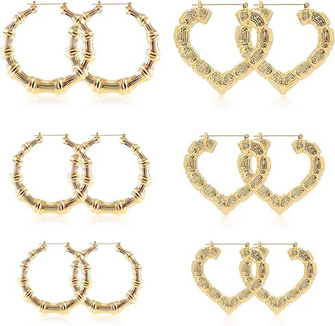 6 Pairs Hoop Bamboo Earrings Set,Earrings for Women 90s,Hollow Casting Earring Accessories for Mothers Day Gifts in Saudi Arabia