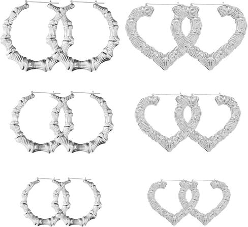 6 Pairs Hoop Bamboo Earrings Set,Earrings for Women 90s,Hollow Casting Earring Accessories for Mothers Day Gifts in Saudi Arabia