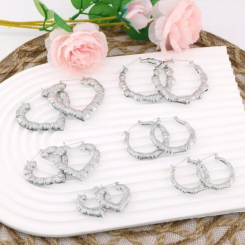 6 Pairs Hoop Bamboo Earrings Set,Earrings for Women 90s,Hollow Casting Earring Accessories for Mothers Day Gifts in Saudi Arabia