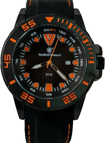 Smith & Wesson Men's Scout Watch, 5 ATM, Stainless Steel Caseback, Scratch Resistant Glass, Rubber Strap, Black with White and Orange Stitching, 48mm, Christmas Gift in Saudi Arabia