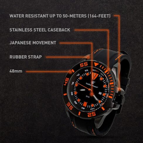 Smith & Wesson Men's Scout Watch, 5 ATM, Stainless Steel Caseback, Scratch Resistant Glass, Rubber Strap, Black with White and Orange Stitching, 48mm, Christmas Gift in Saudi Arabia