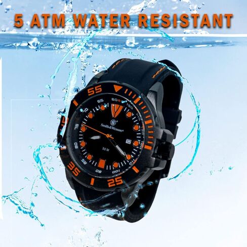 Smith & Wesson Men's Scout Watch, 5 ATM, Stainless Steel Caseback, Scratch Resistant Glass, Rubber Strap, Black with White and Orange Stitching, 48mm, Christmas Gift in Saudi Arabia