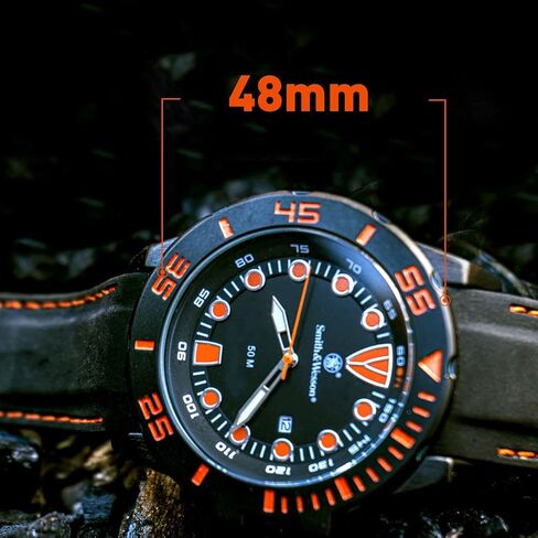 Smith & Wesson Men's Scout Watch, 5 ATM, Stainless Steel Caseback, Scratch Resistant Glass, Rubber Strap, Black with White and Orange Stitching, 48mm, Christmas Gift in Saudi Arabia