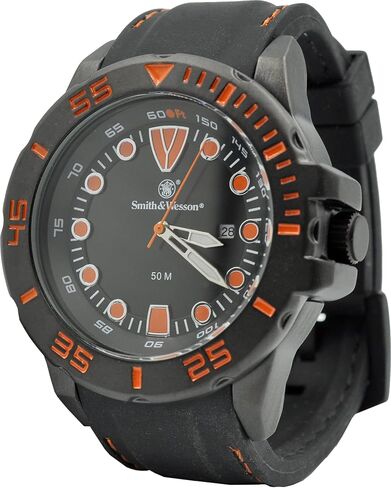 Smith & Wesson Men's Scout Watch, 5 ATM, Stainless Steel Caseback, Scratch Resistant Glass, Rubber Strap, Black with White and Orange Stitching, 48mm, Christmas Gift in Saudi Arabia