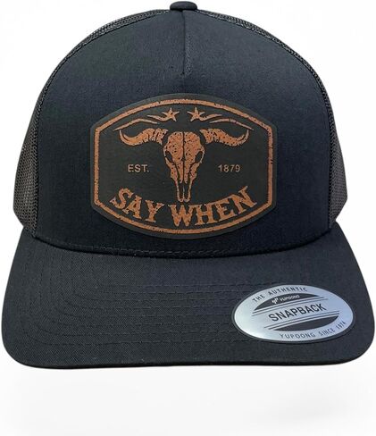 قبعة Say When Trucker - سوداء YP Snapback مع رقعة جلدية من الجلد الخام - قبعة سائقي الشاحنات الغربية - سوداء مع رقعة من الجلد الخام in Kuwait