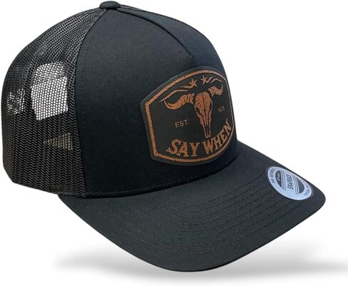 قبعة Say When Trucker - سوداء YP Snapback مع رقعة جلدية من الجلد الخام - قبعة سائقي الشاحنات الغربية - سوداء مع رقعة من الجلد الخام in Kuwait