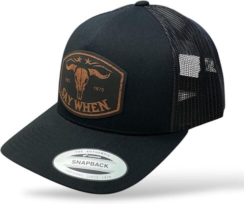 قبعة Say When Trucker - سوداء YP Snapback مع رقعة جلدية من الجلد الخام - قبعة سائقي الشاحنات الغربية - سوداء مع رقعة من الجلد الخام in Kuwait