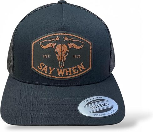 قبعة Say When Trucker - سوداء YP Snapback مع رقعة جلدية من الجلد الخام - قبعة سائقي الشاحنات الغربية - سوداء مع رقعة من الجلد الخام in Kuwait