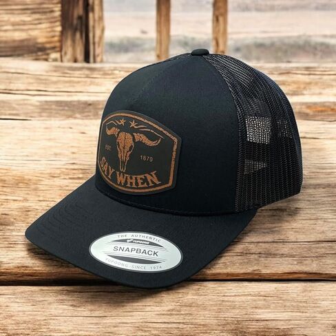 قبعة Say When Trucker - سوداء YP Snapback مع رقعة جلدية من الجلد الخام - قبعة سائقي الشاحنات الغربية - سوداء مع رقعة من الجلد الخام in Kuwait