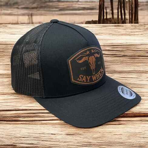 قبعة Say When Trucker - سوداء YP Snapback مع رقعة جلدية من الجلد الخام - قبعة سائقي الشاحنات الغربية - سوداء مع رقعة من الجلد الخام in Kuwait