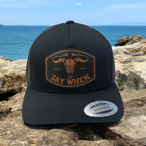 قبعة Say When Trucker - سوداء YP Snapback مع رقعة جلدية من الجلد الخام - قبعة سائقي الشاحنات الغربية - سوداء مع رقعة من الجلد الخام in Kuwait
