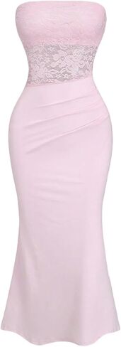 Milumia Women's Strapless Maxi Dress Y2k Contrast Lace Sexy Fishtail Long Tube Dresses in Kuwait